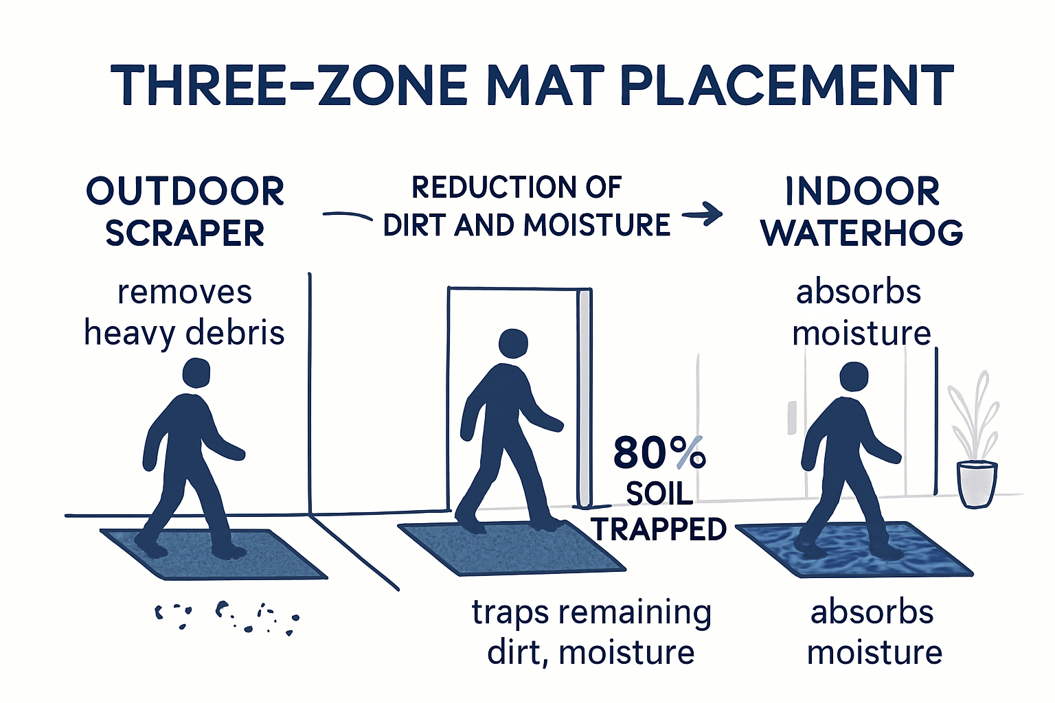 Three-zone mat system infographic with dirt-trapping stats