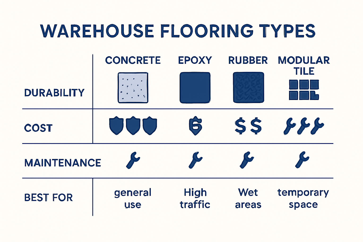 Comparison infographic of warehouse flooring types