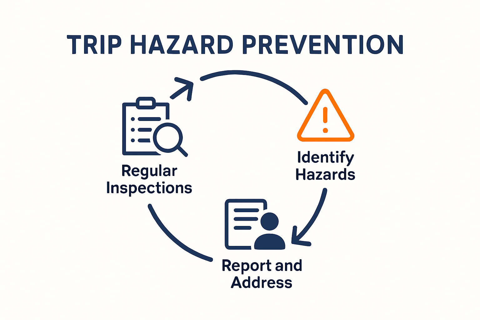 Trip hazard prevention process infographic showing inspections and reporting steps