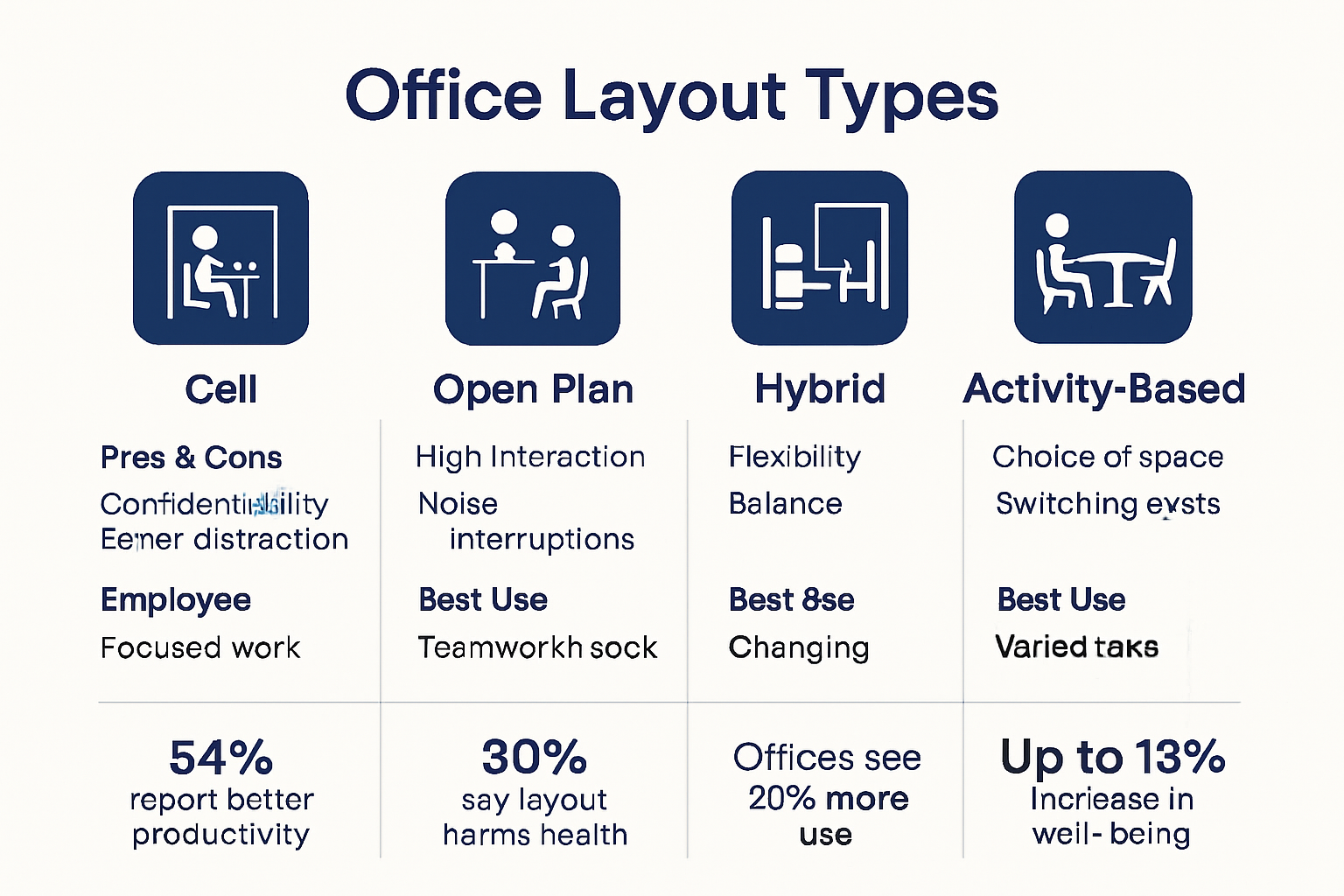 Infographic comparing main office layout types