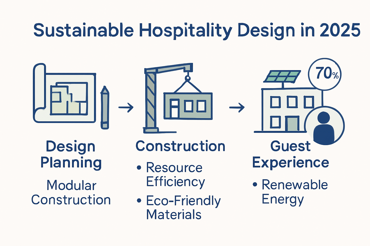Infographic summarizing sustainable hospitality design practices and benefits
