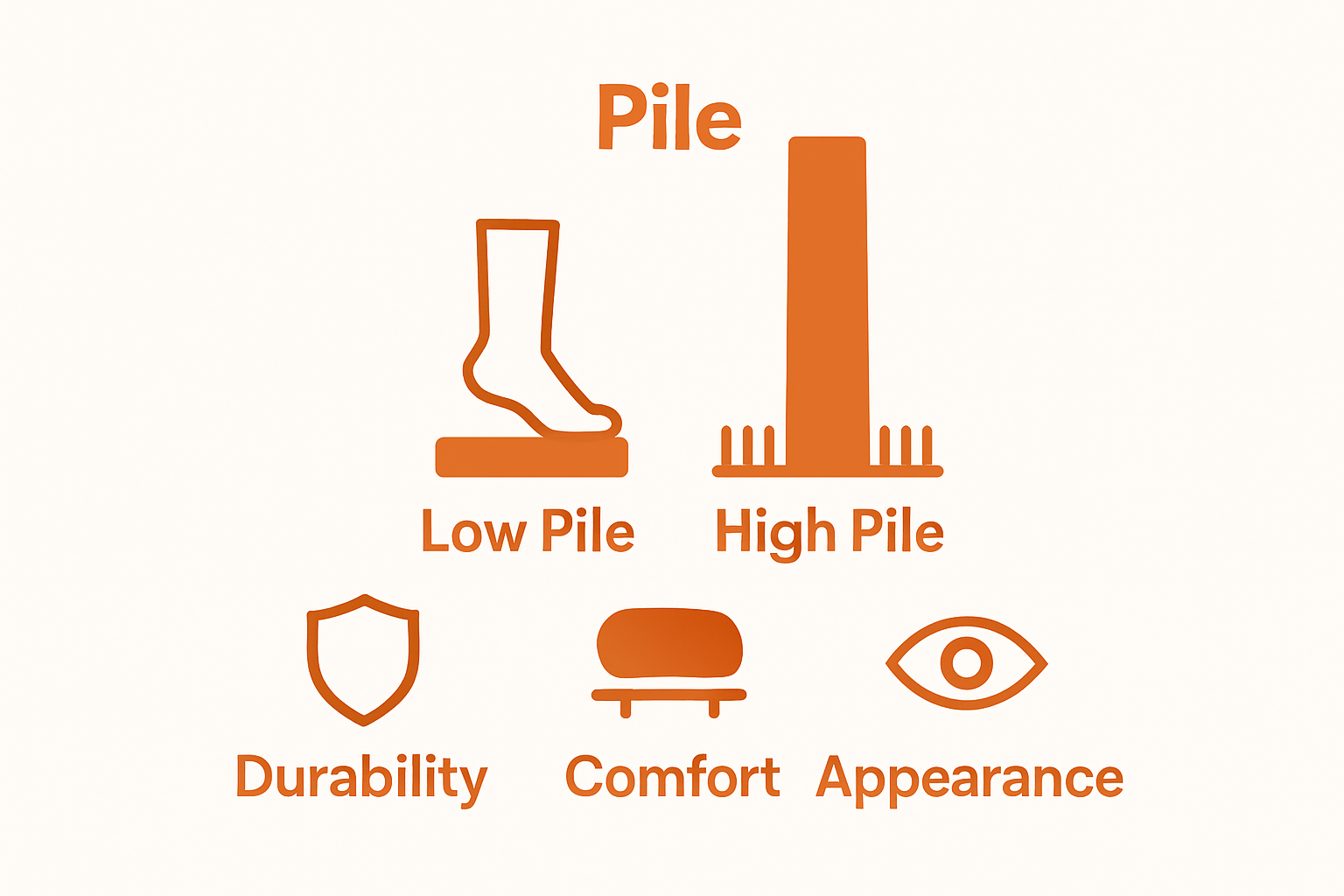 Infographic comparing low pile and high pile flooring types using comfort, durability, and appearance visuals