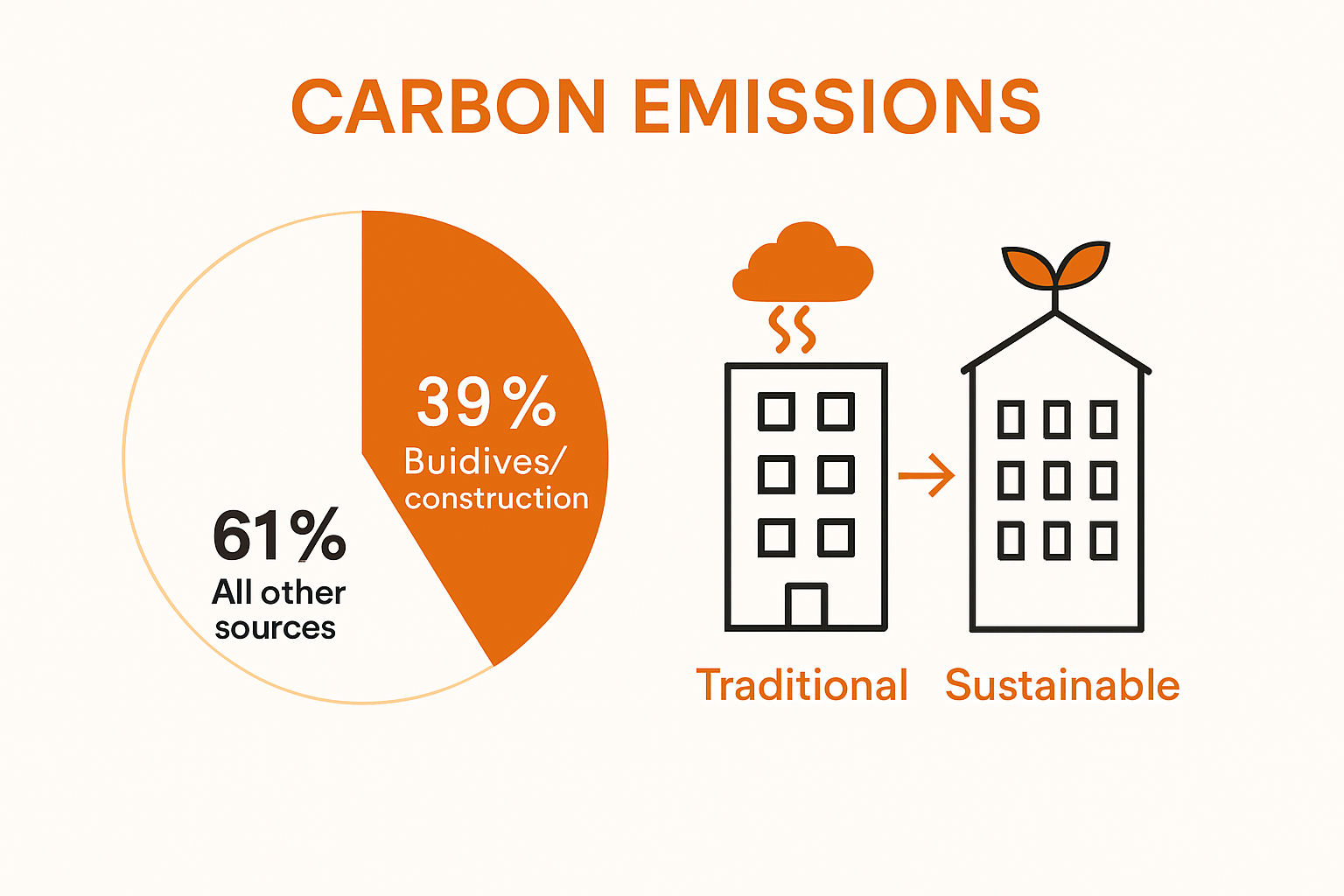 Simple infographic comparing carbon emissions of traditional versus sustainable buildings