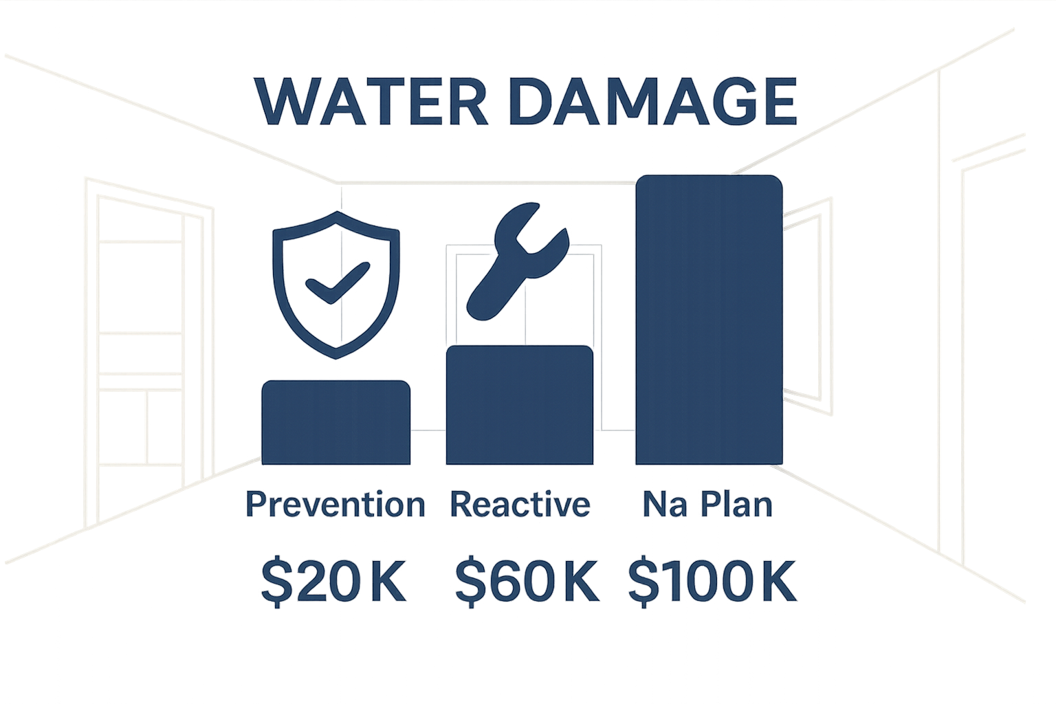 Infographic comparing water damage costs: prevention vs. reactive vs. no plan