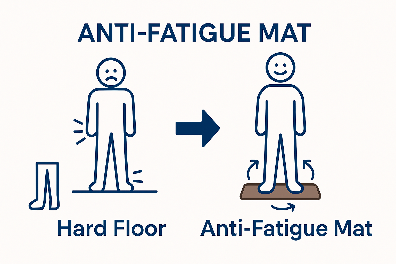 Visual comparison of standing on hard floor versus brown anti fatigue mat