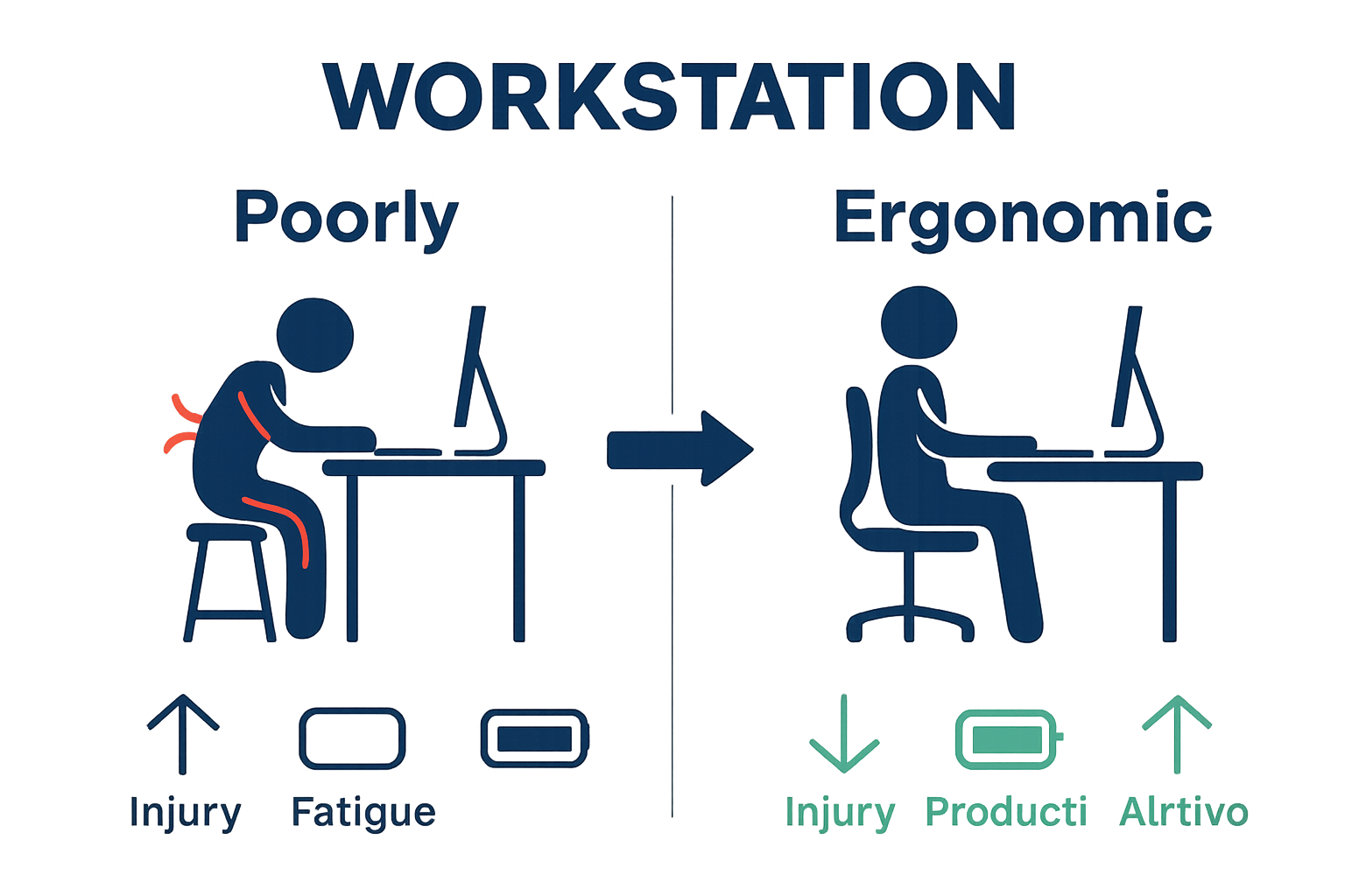 Infographic comparing poor versus optimal ergonomic workstation setups