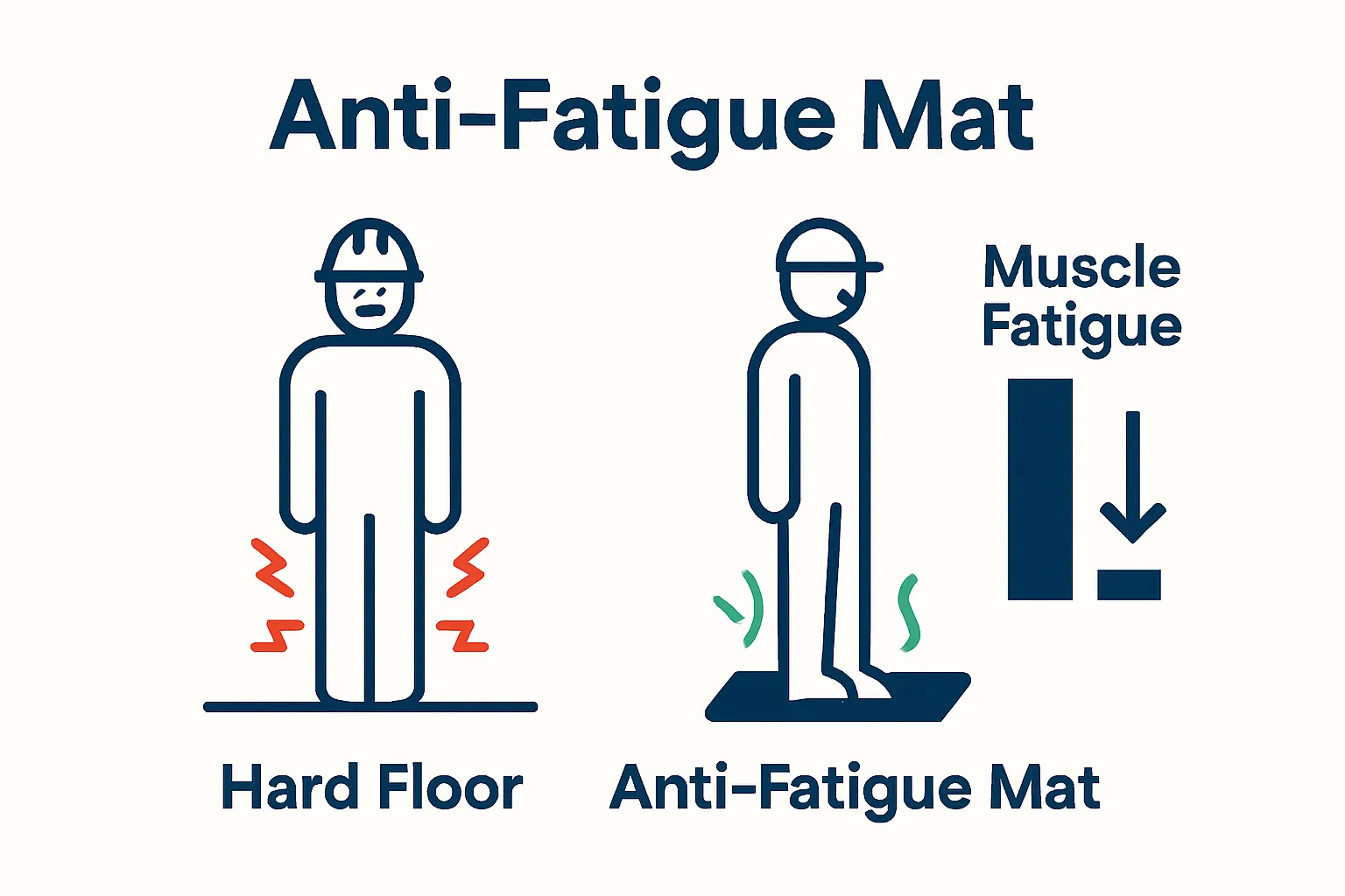 Comparison: worker standing on hard floor versus anti-fatigue mat.