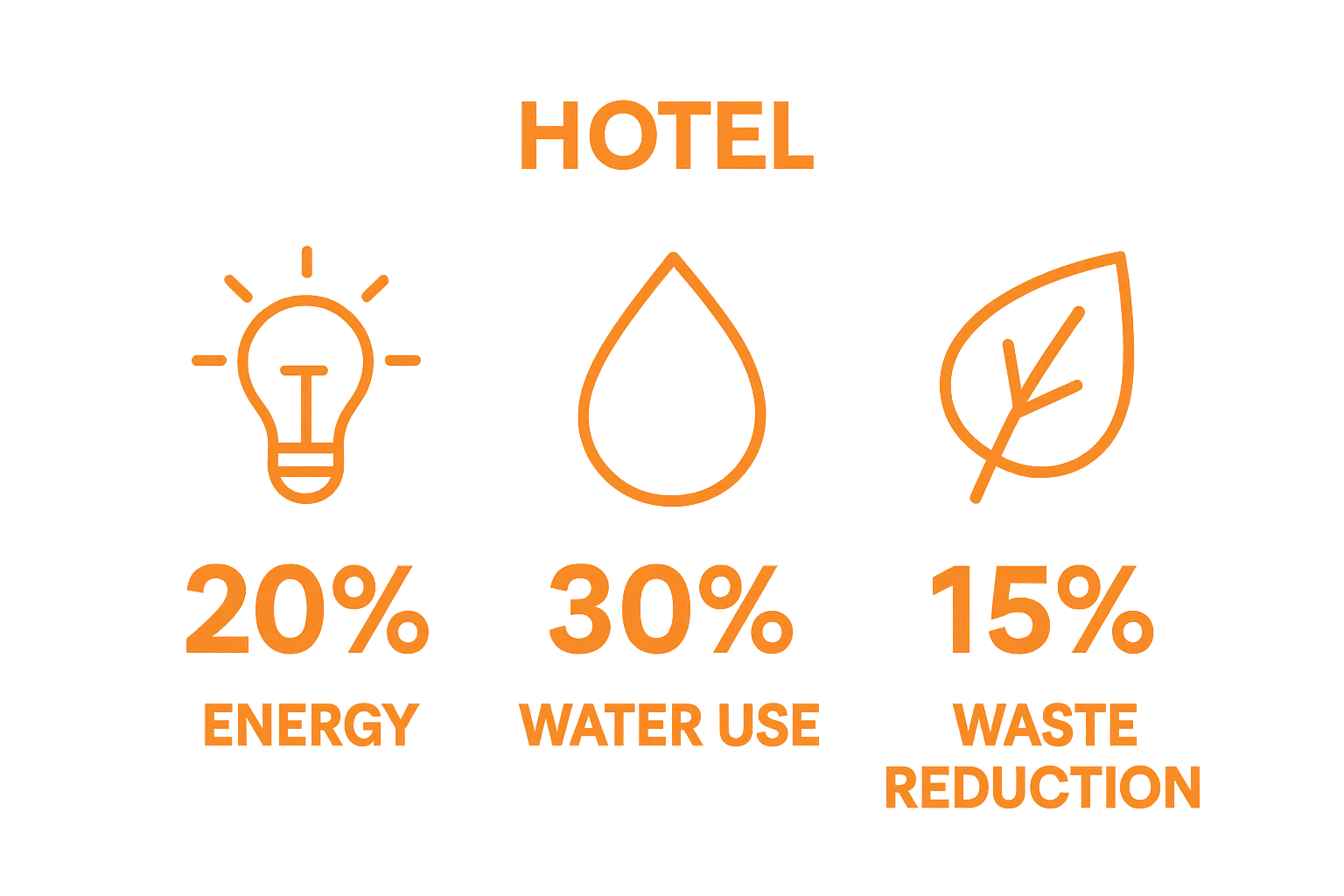 Simple infographic showing energy, water, and waste reduction metrics in hotels