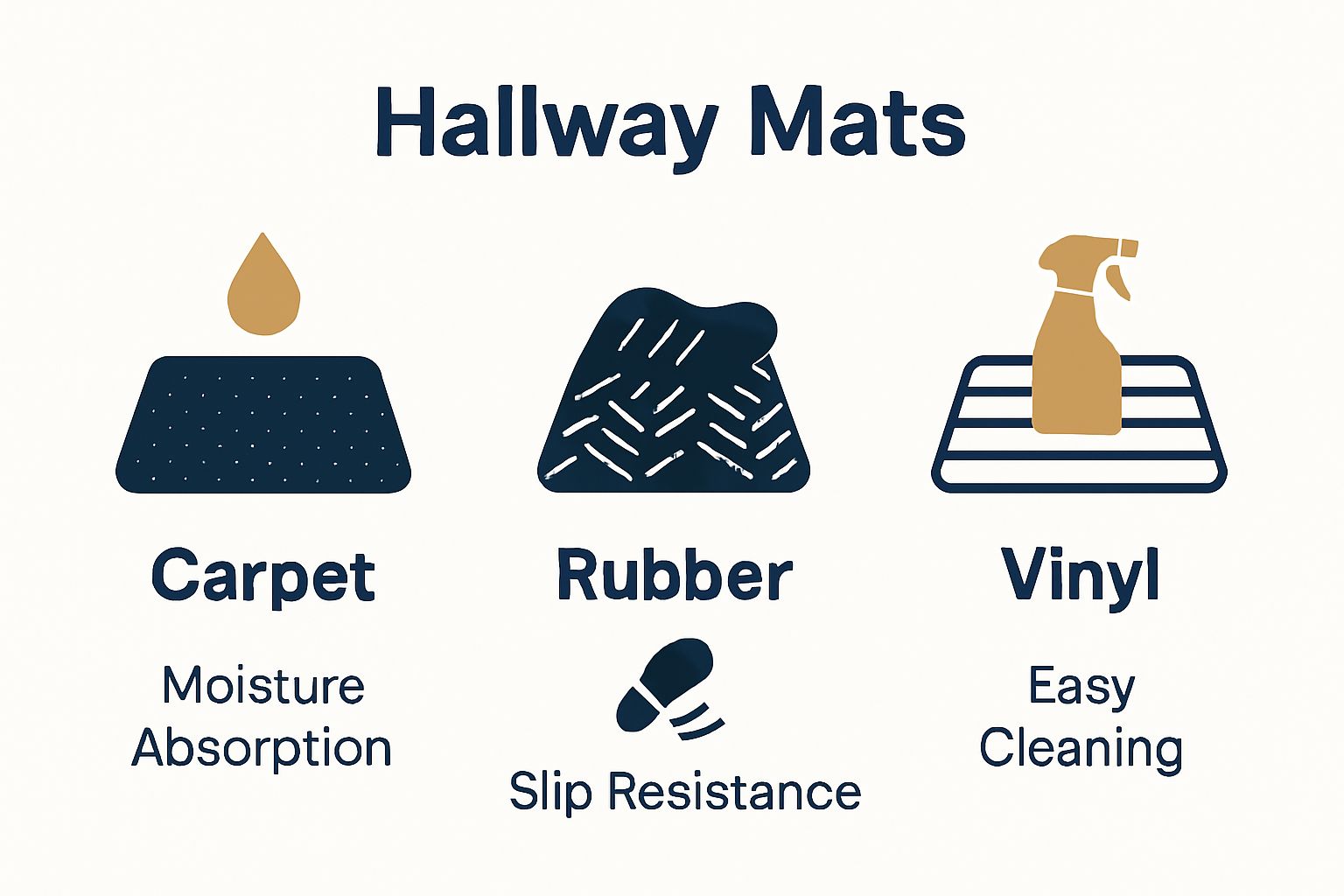 Simple infographic comparing carpet, rubber, and vinyl hallway mats