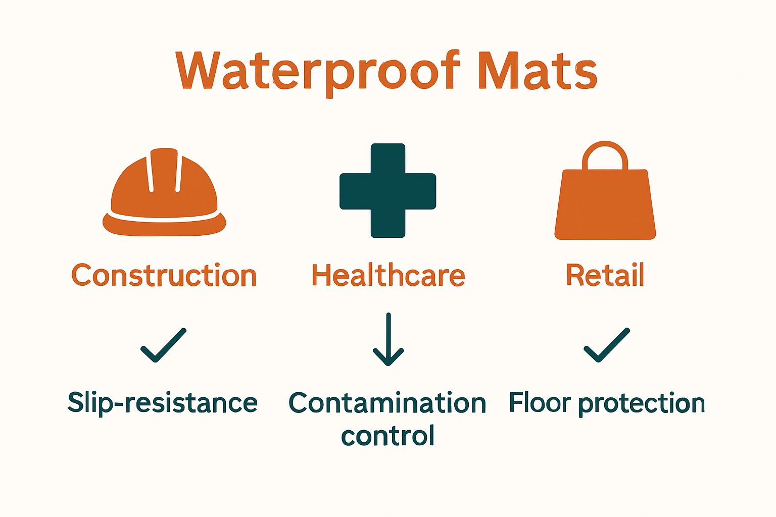 Side-by-side comparison of waterproof mat uses in construction, healthcare, and retail.