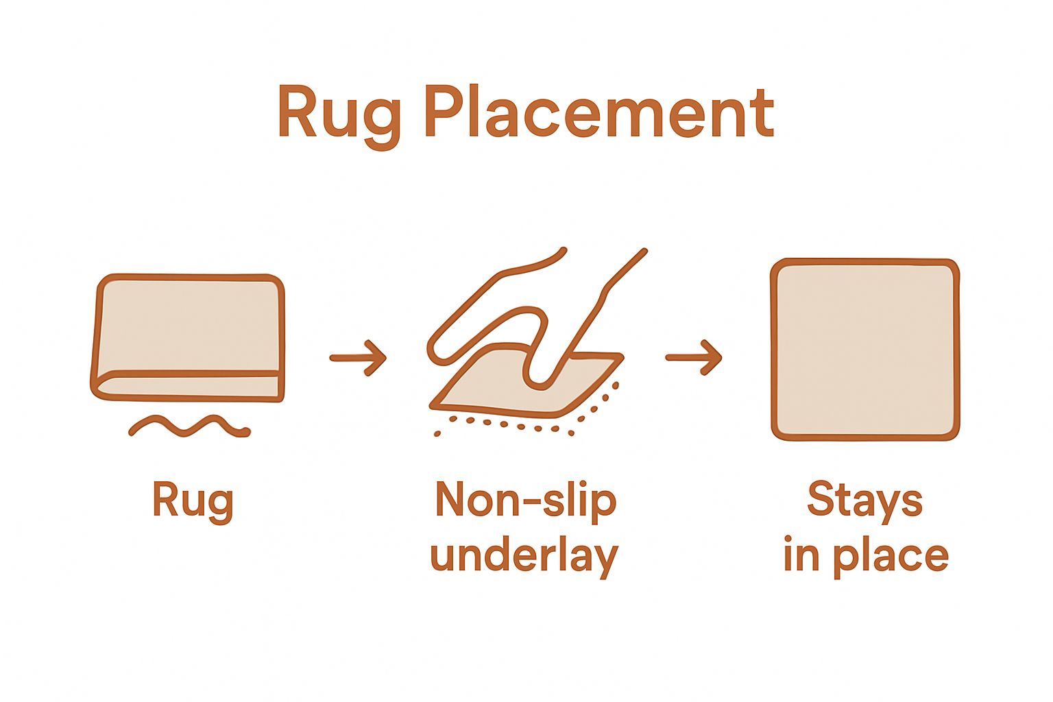 Infographic showing simple steps to stop rugs slipping on carpet: before, during, and after underlay application.
