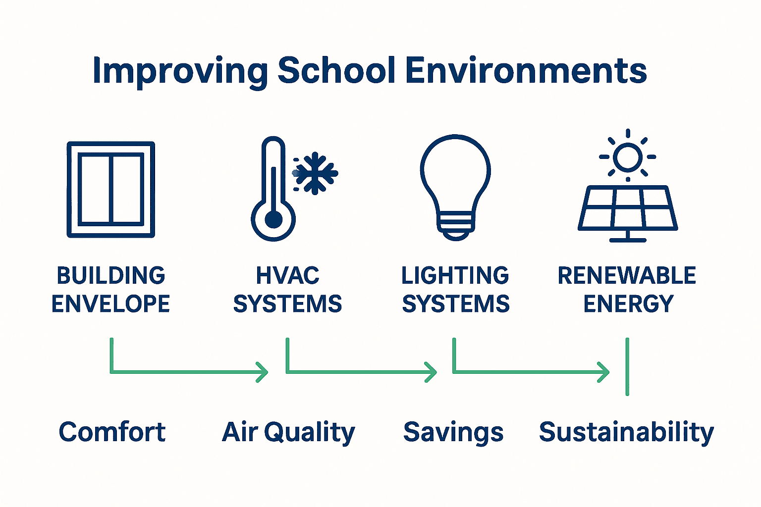 Infographic comparing four types of school energy upgrades with icons and key benefits