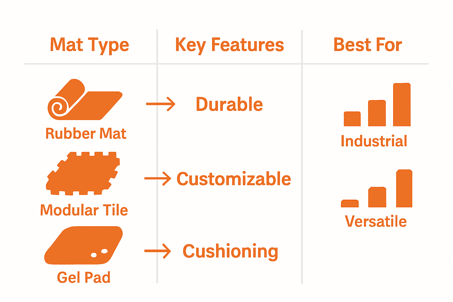 Infographic comparing types of kitchen anti fatigue mats by features and best usage.