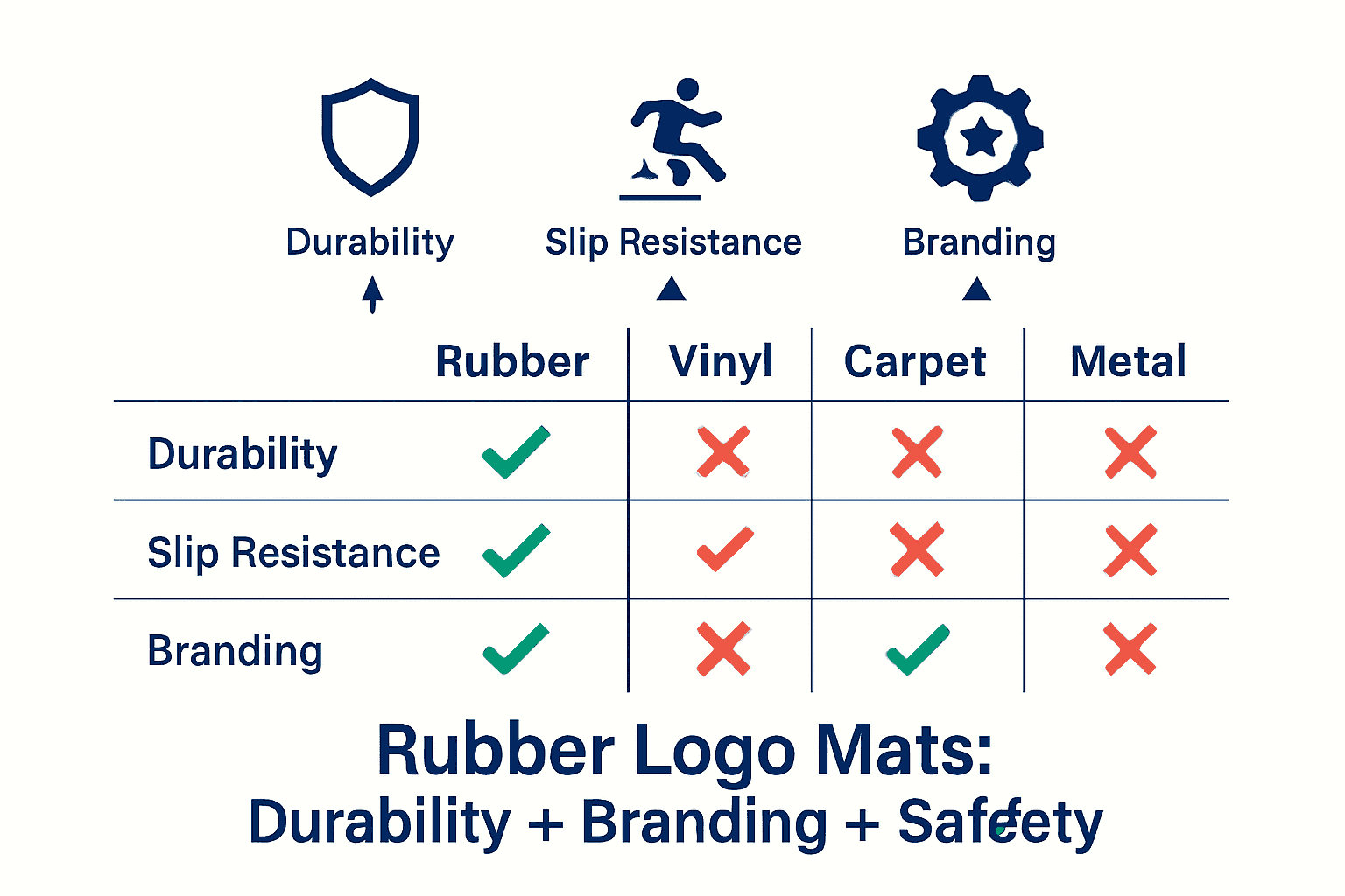 Infographic compares rubber logo mats to vinyl, carpet, and metal alternatives across durability, slip resistance, and branding.