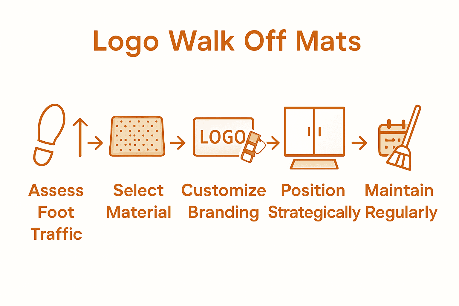 Infographic showing five steps for selecting and using logo walk off mats in business environments
