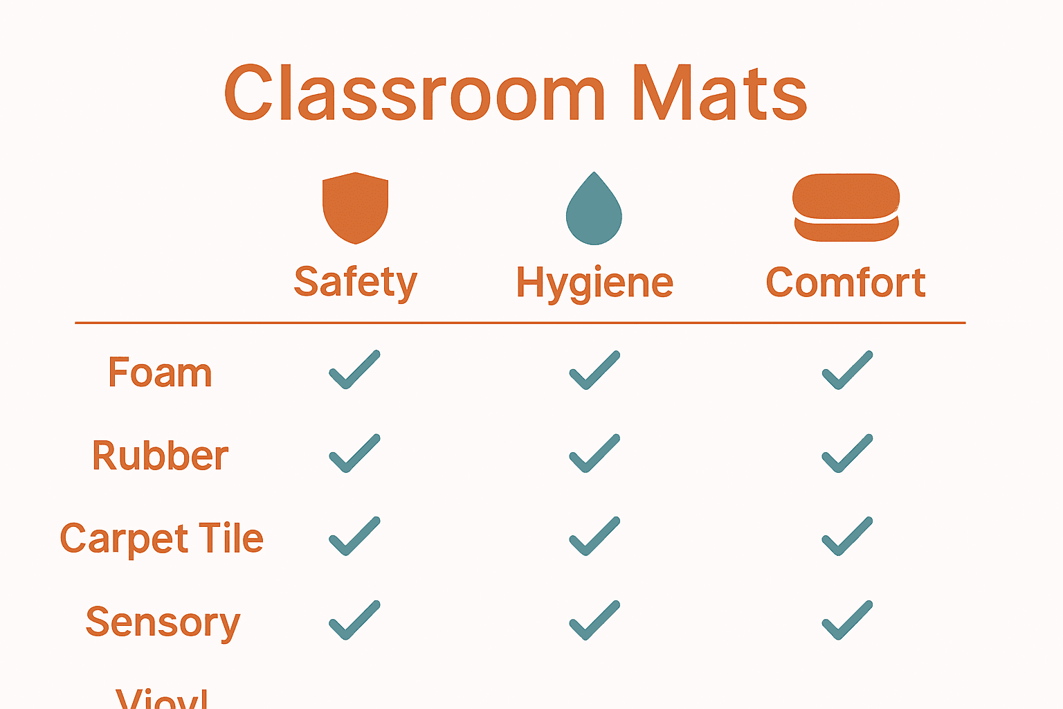 Infographic comparing safety, hygiene, and comfort features of classroom mat types.