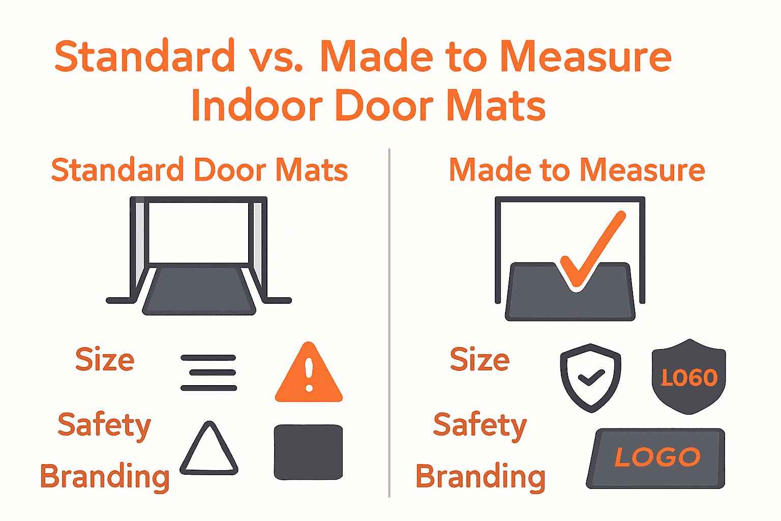 Infographic comparing custom and standard indoor mats: fit, safety, branding