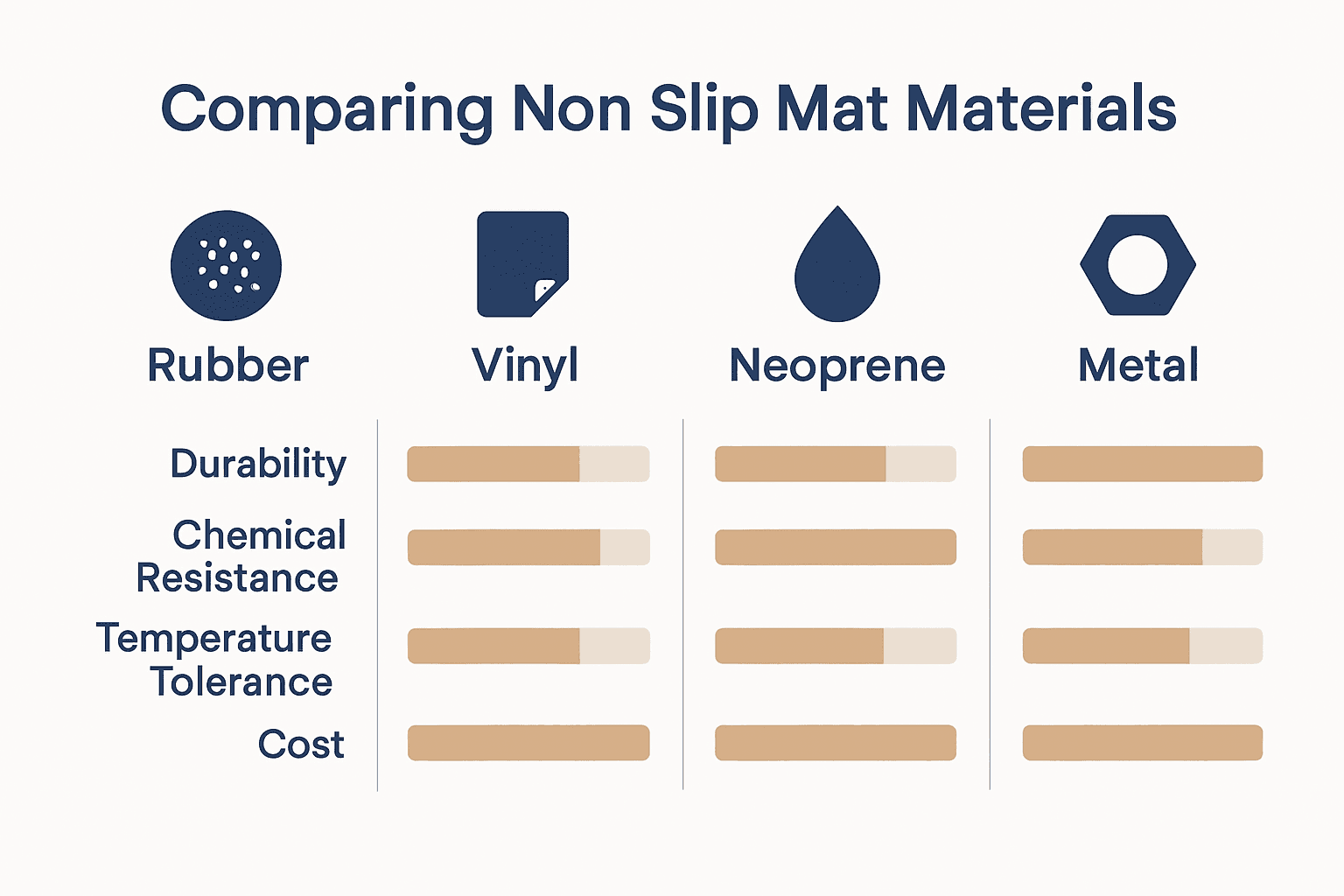 Infographic comparing rubber, vinyl, neoprene, and metal non slip mats by key characteristics.