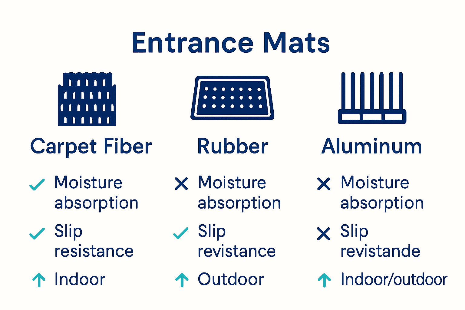 Infographic comparing main commercial entrance mat materials and their features.