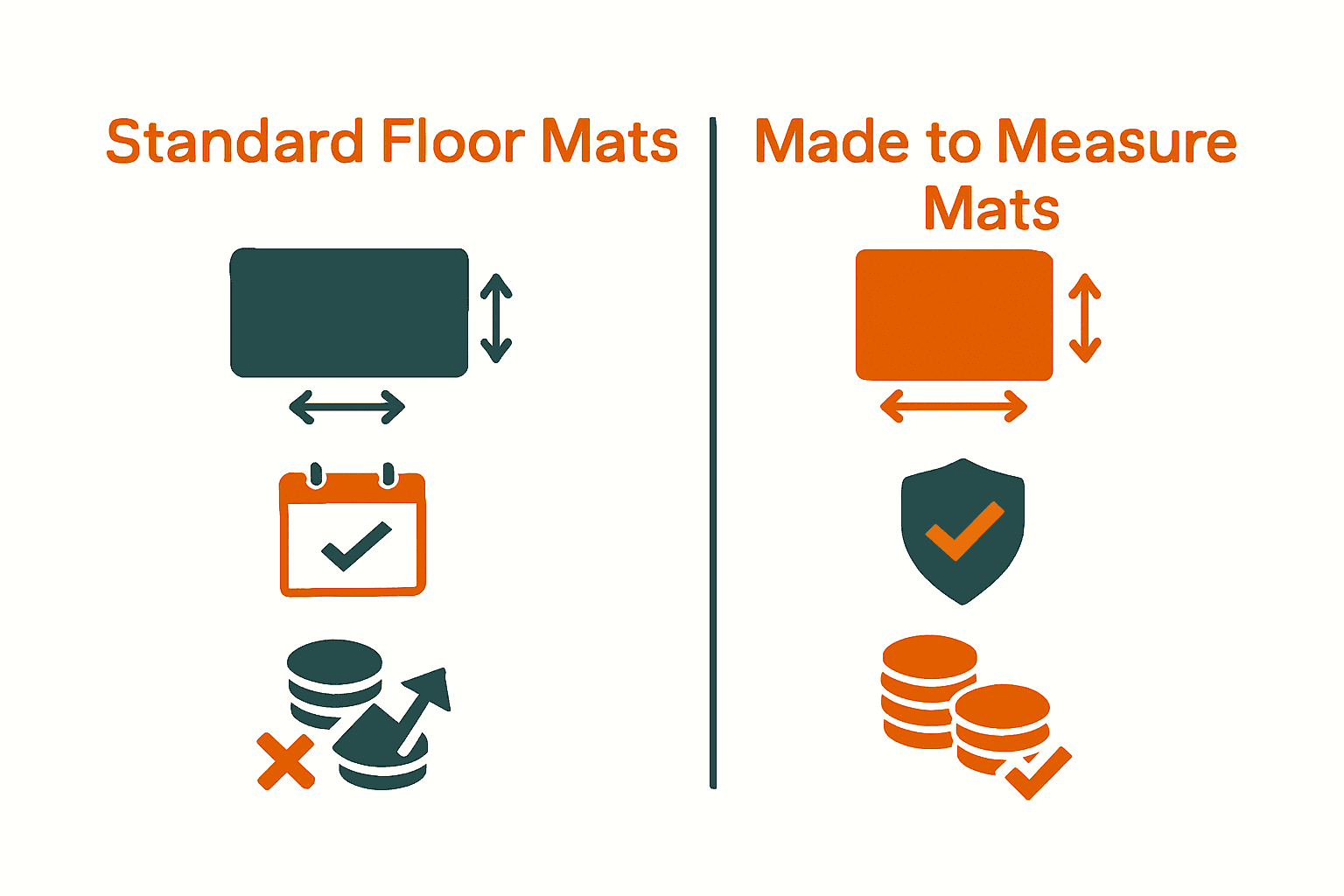 Infographic comparing made to measure and standard mats on fit, durability, and value.