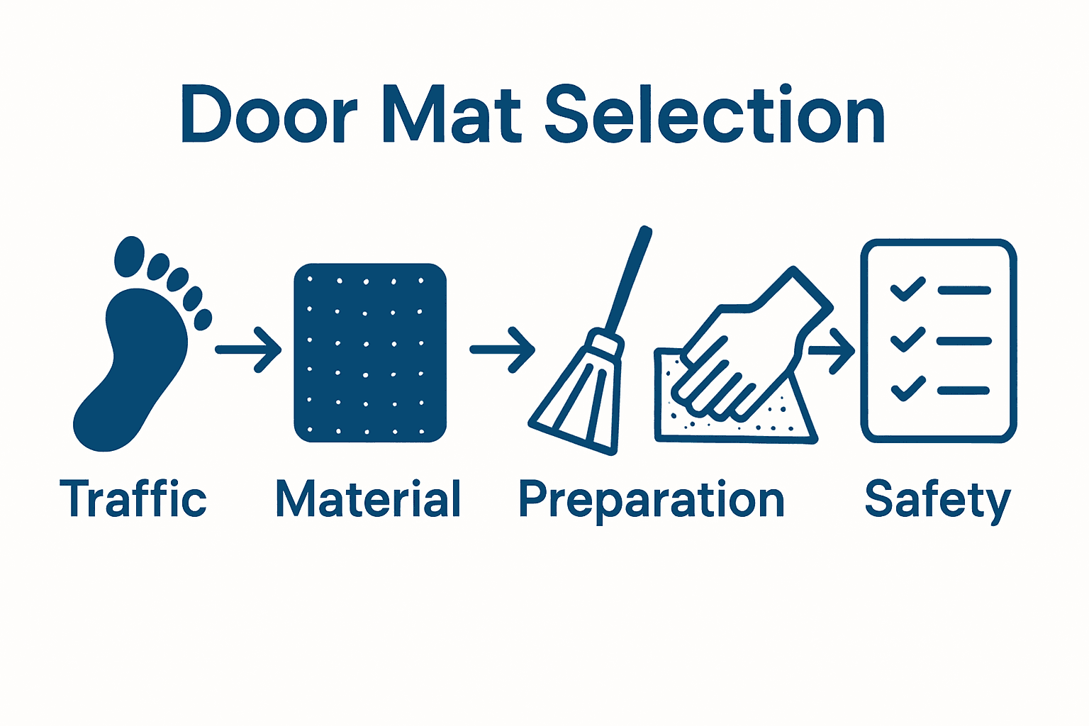 Infographic showing five steps to select and install a wet area door mat, each identified by a unique icon and brief label.