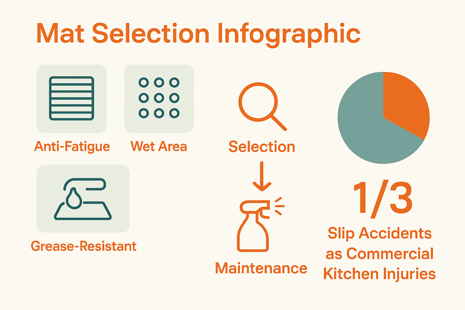 Visual comparison of mat types, selection process, and slip risk statistics for commercial kitchens