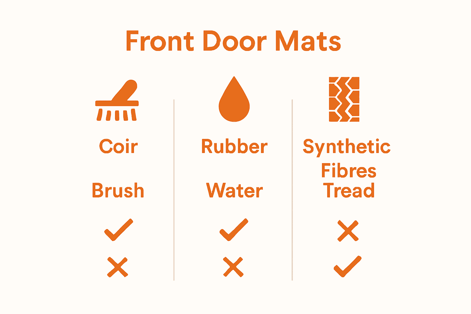 Comparison chart of front door mat materials: coir, rubber, synthetic fiber.