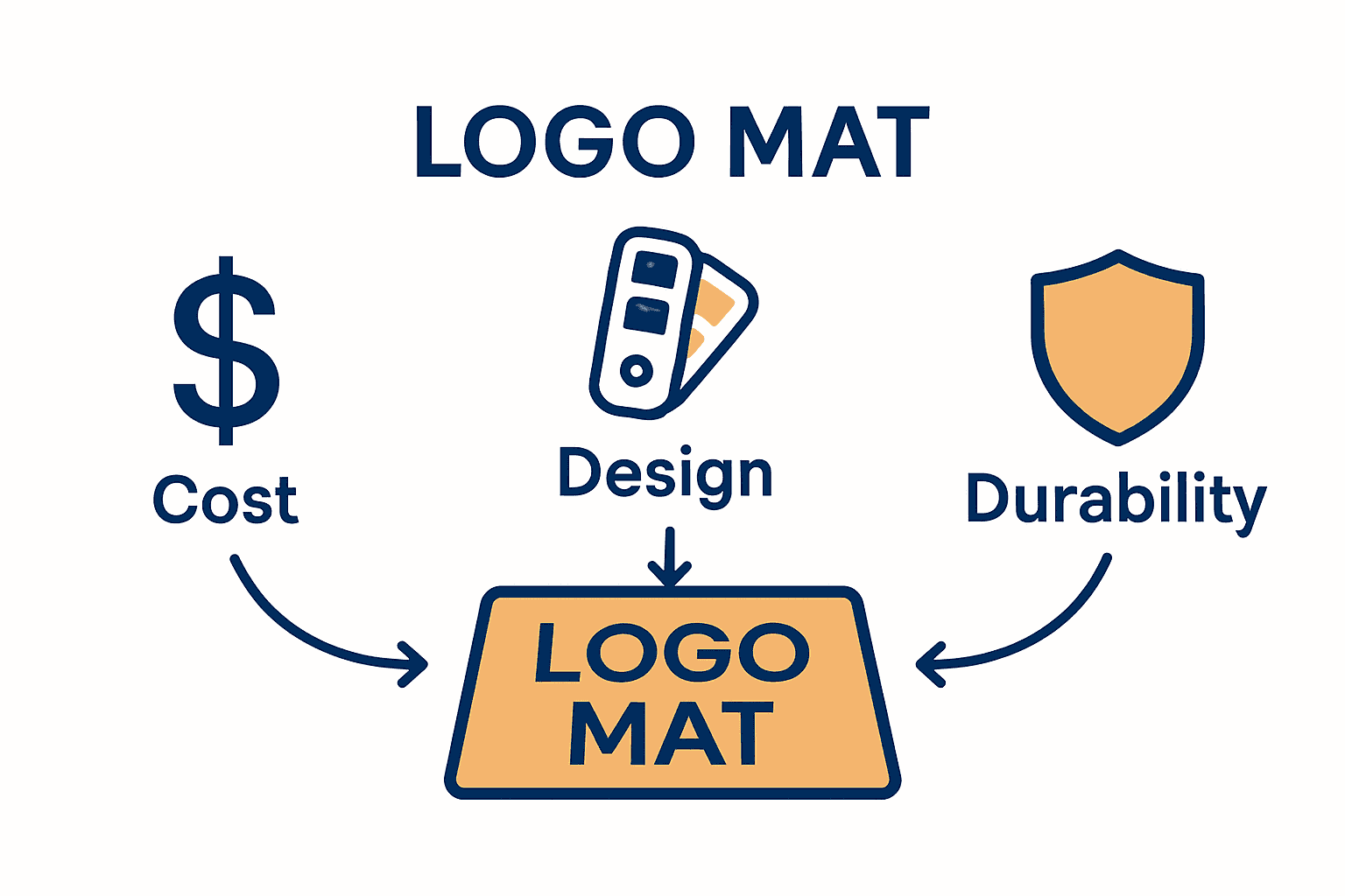 Infographic showing cost, design, and durability factors for custom logo welcome mats.
