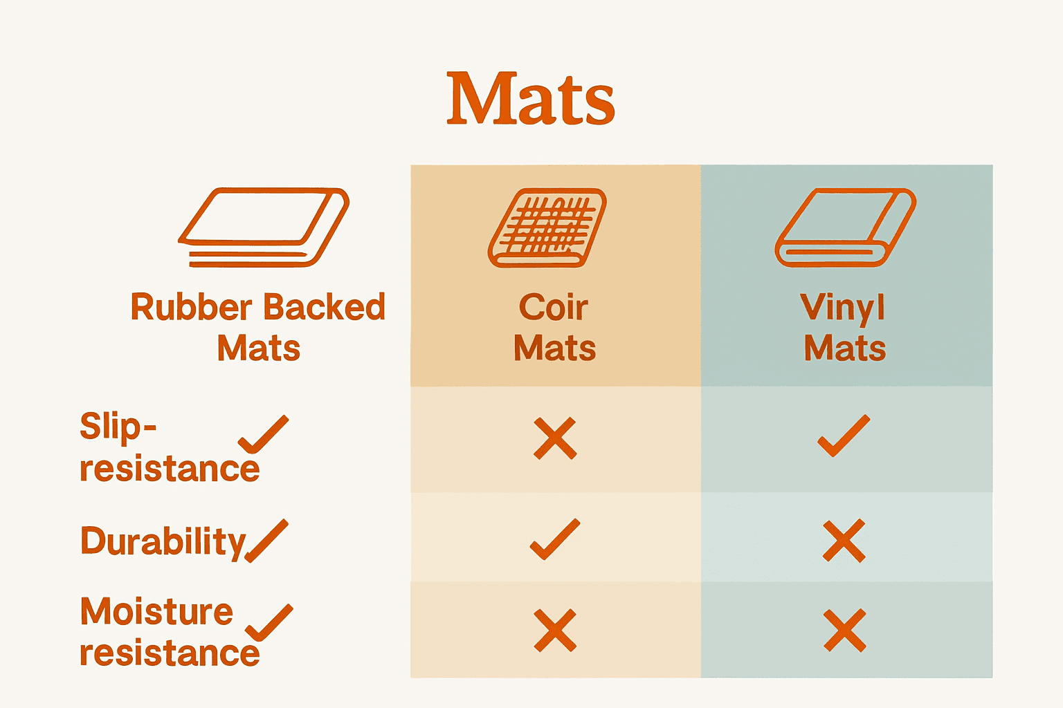 Infographic comparing rubber backed, coir, and vinyl kitchen mats across durability, slip resistance, and moisture protection.