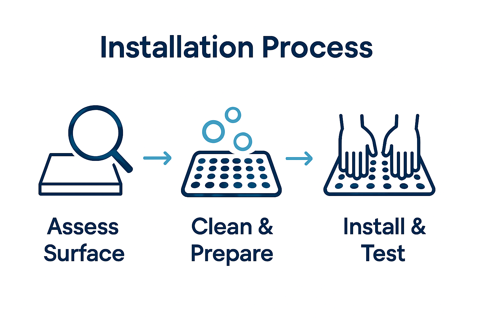 Infographic showing assessment, cleaning, and installation steps for non slip kitchen mat
