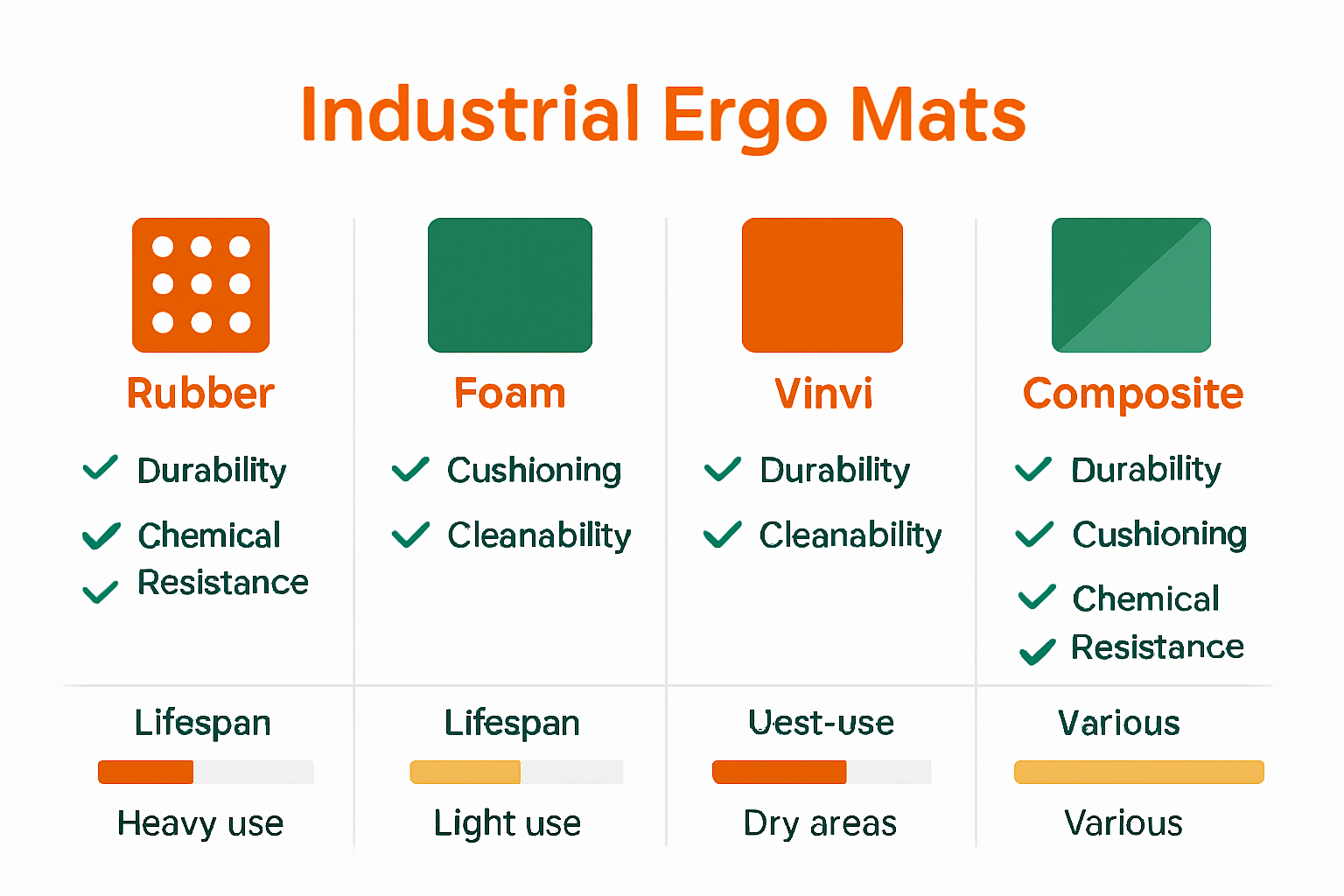 Four industrial mat types comparison infographic with icons and features chart