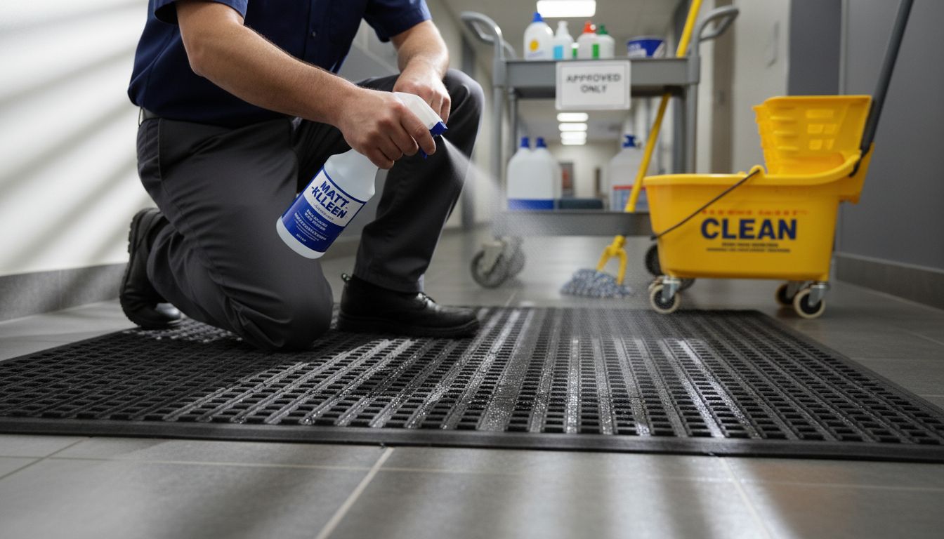 Applying cleaner to Waterhog mat surface