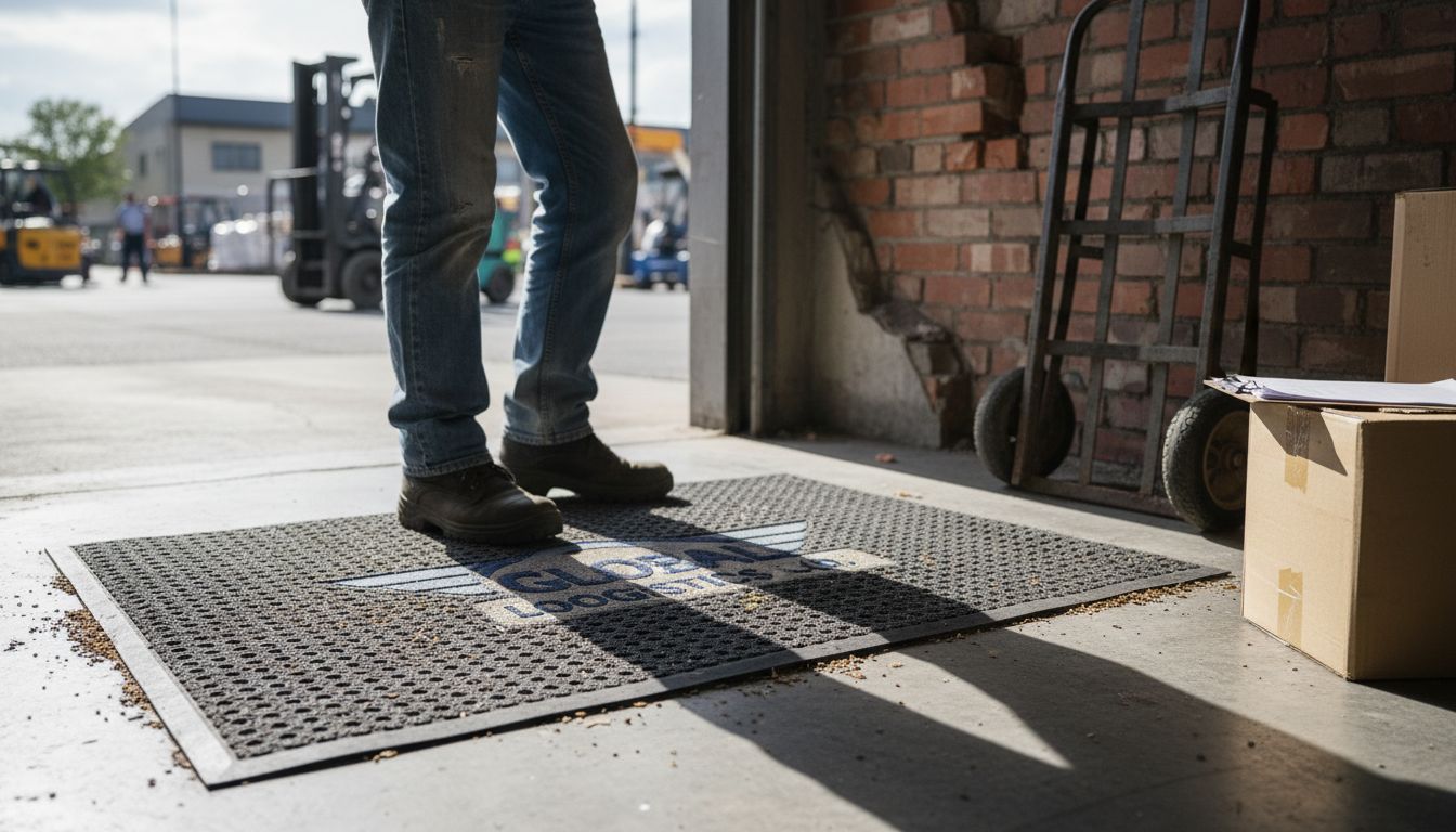Worker uses rugged scraper logo doormat