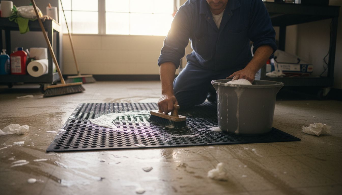 Worker scrubbing rubber mat in breakroom