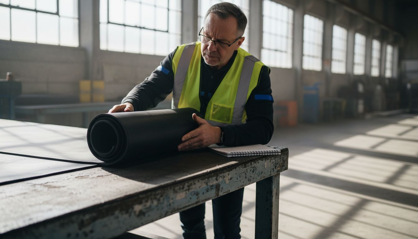 Technician inspecting commercial rubber mat material