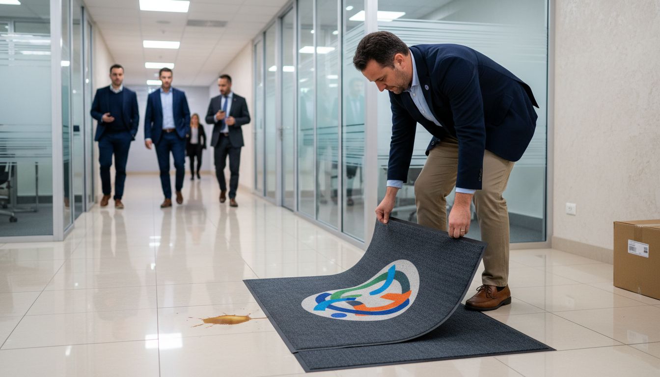 Facilities manager adjusts branded door mat