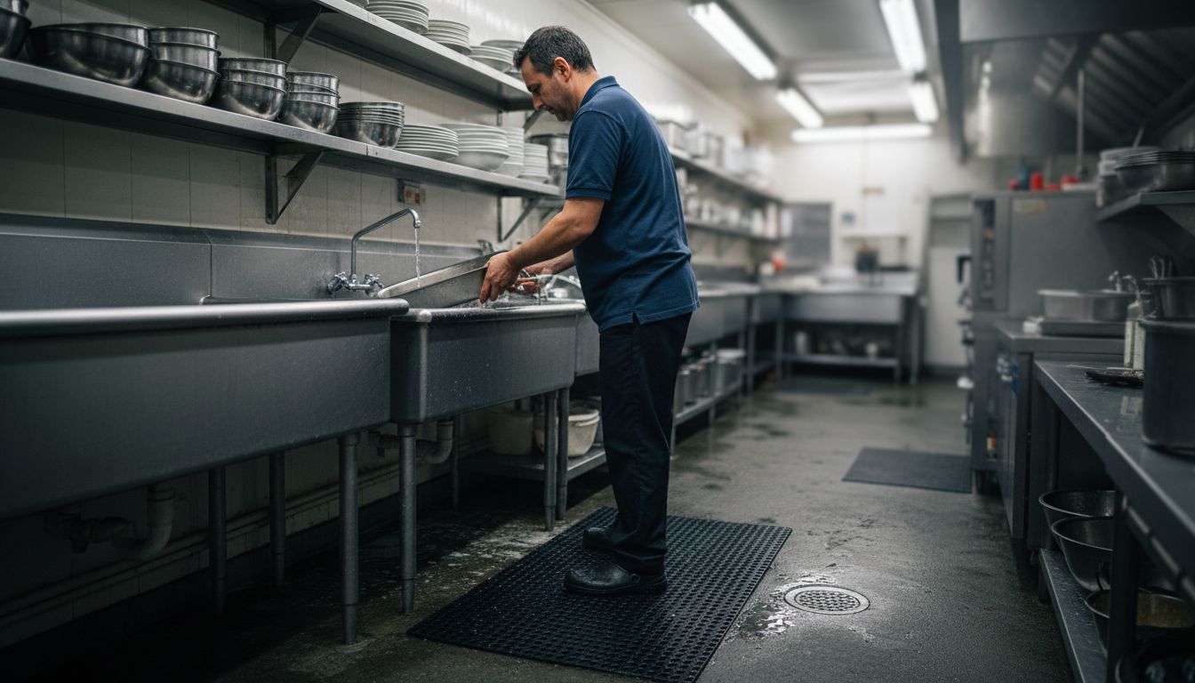 Dishwasher using floor mat at sink