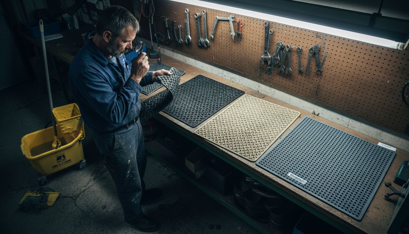 Technician comparing various slip-proof mat materials
