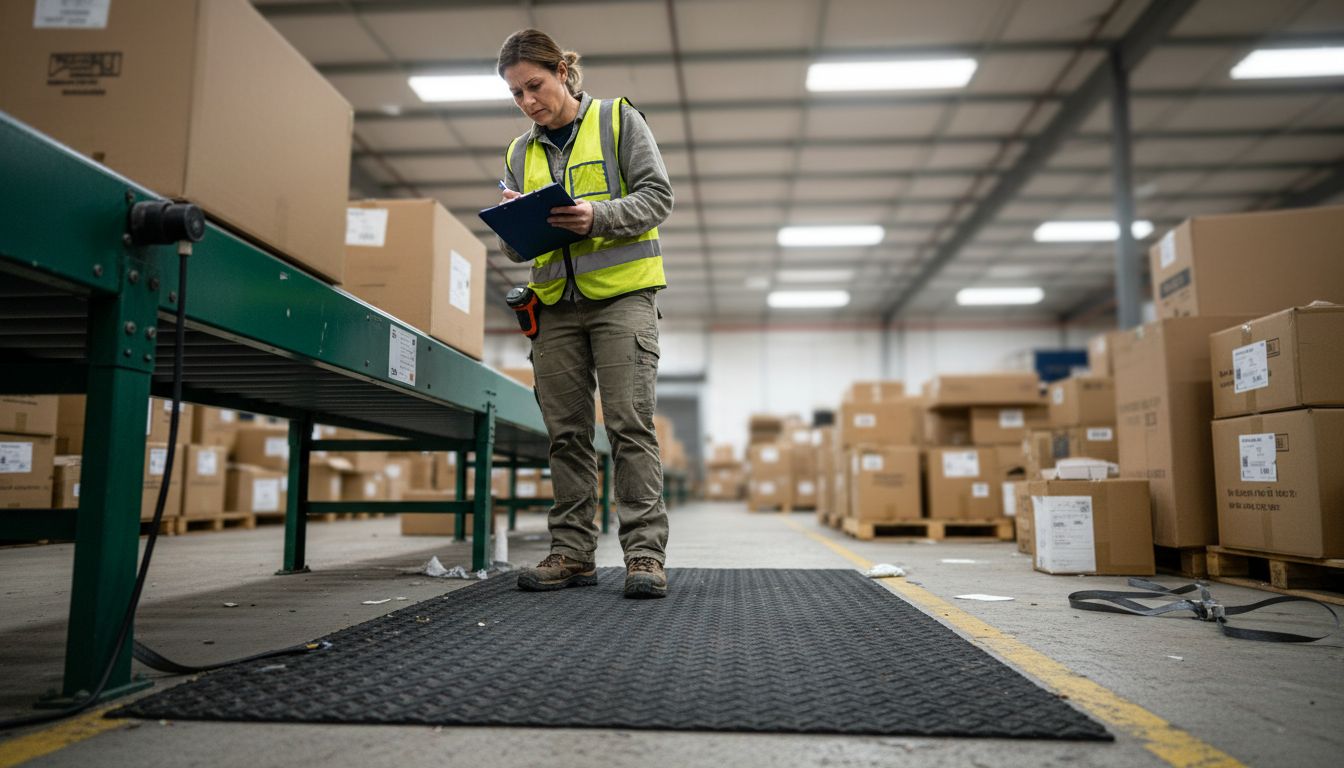 Warehouse worker on anti-slip floor mat