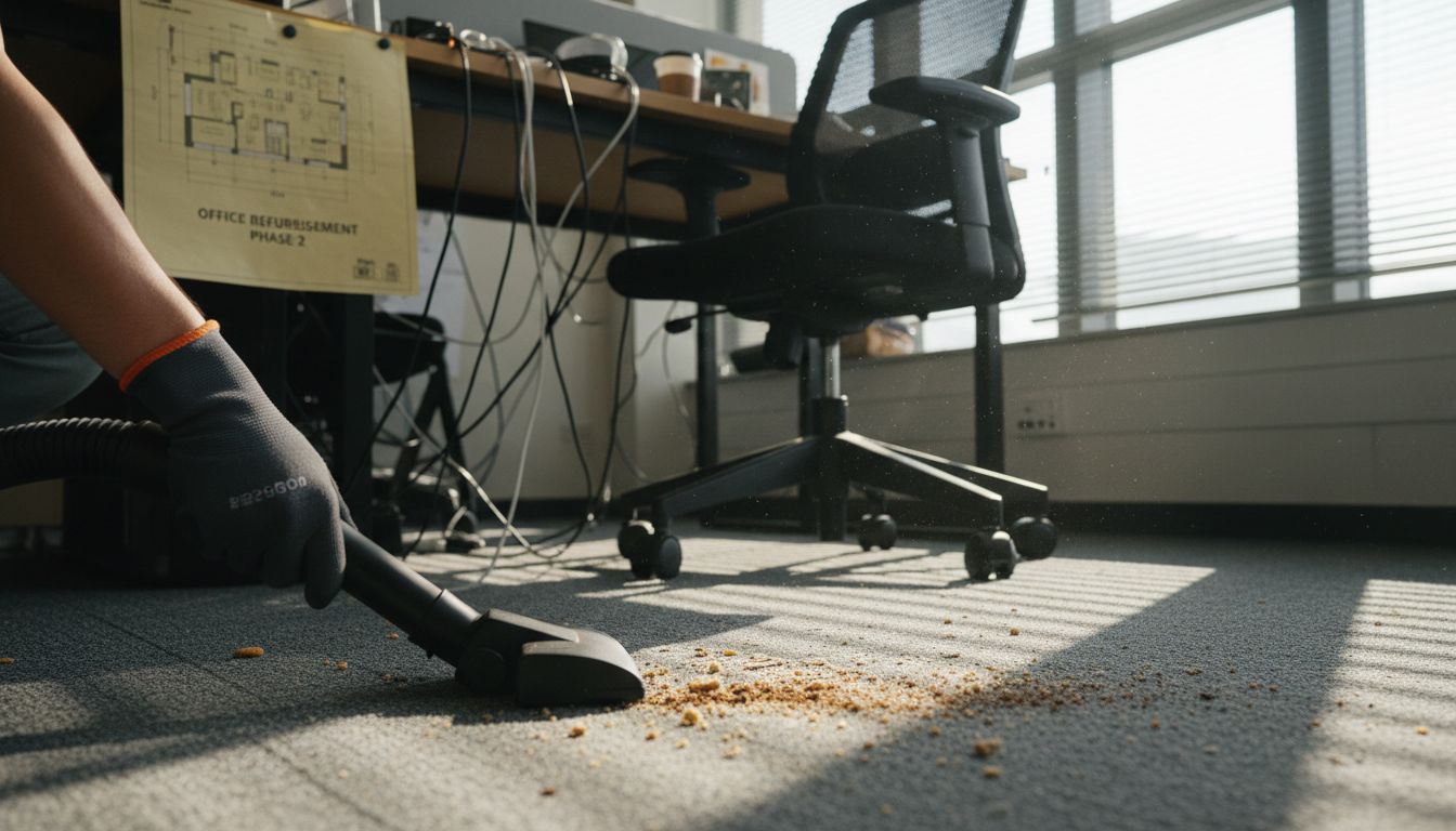 Vacuuming office carpet before mat installation