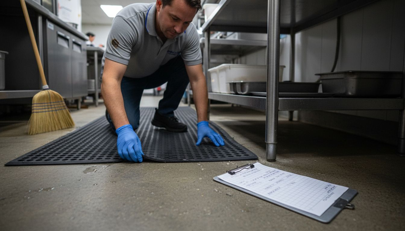 Manager inspecting rubber kitchen mat edge