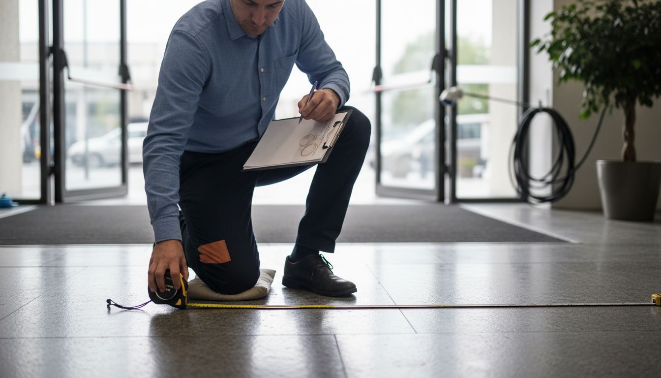 Manager measures doorway for new floor mat