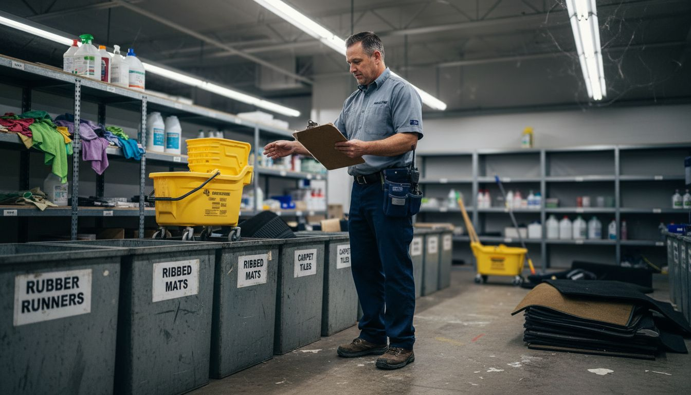 Supervisor sorting commercial mats in supply room