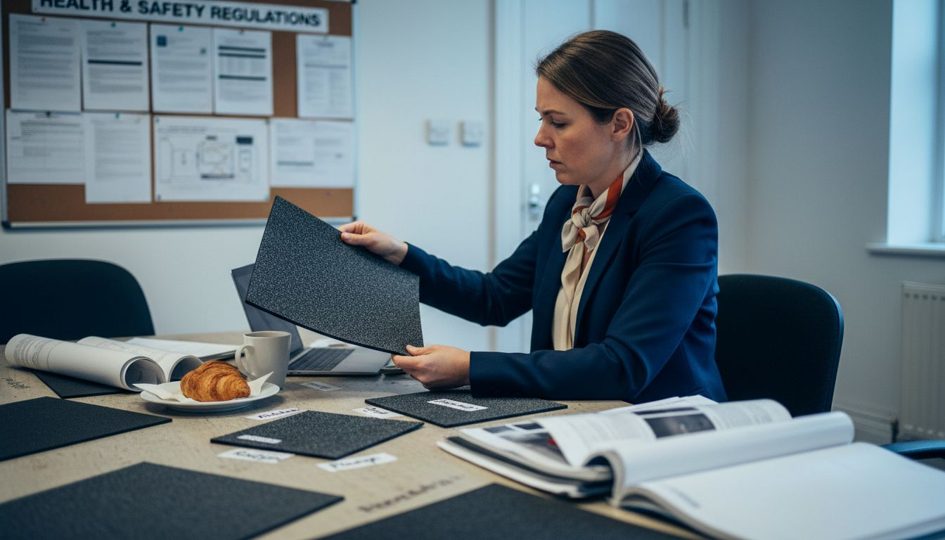 Woman evaluating slip resistant mat samples