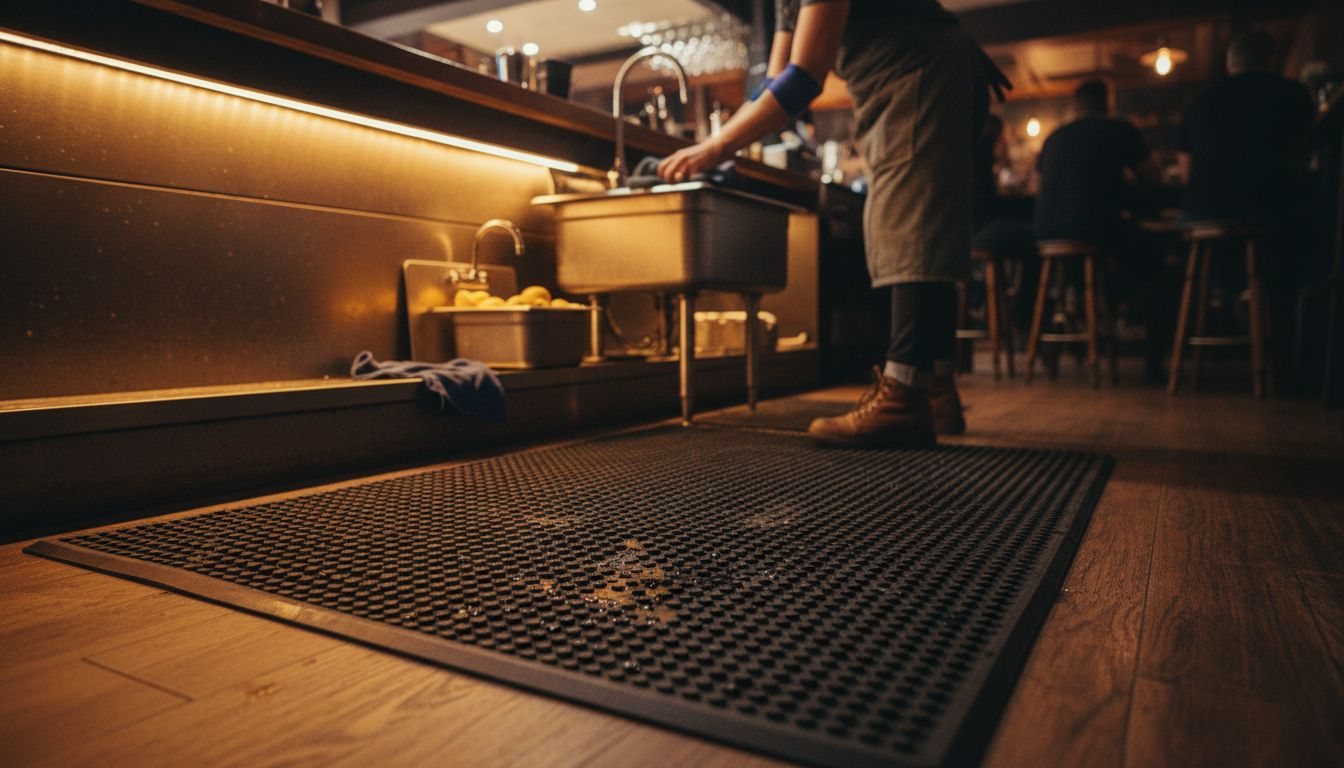 Bartender on beveled black rubber mat