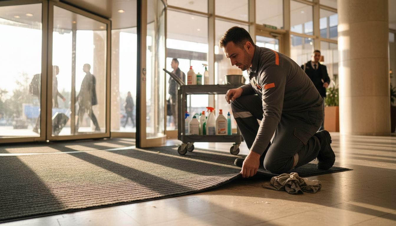 Technician inspecting hotel entrance mat