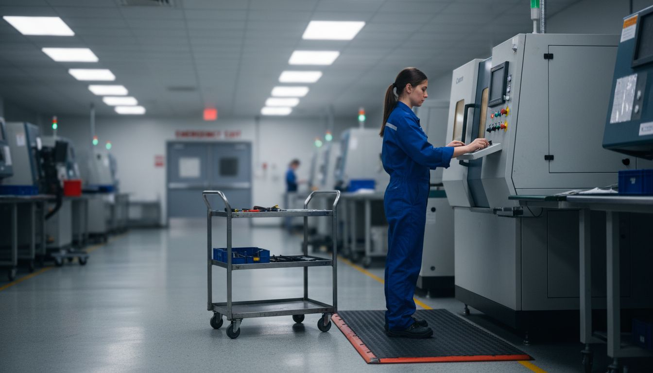 Worker on dry area industrial standing mat