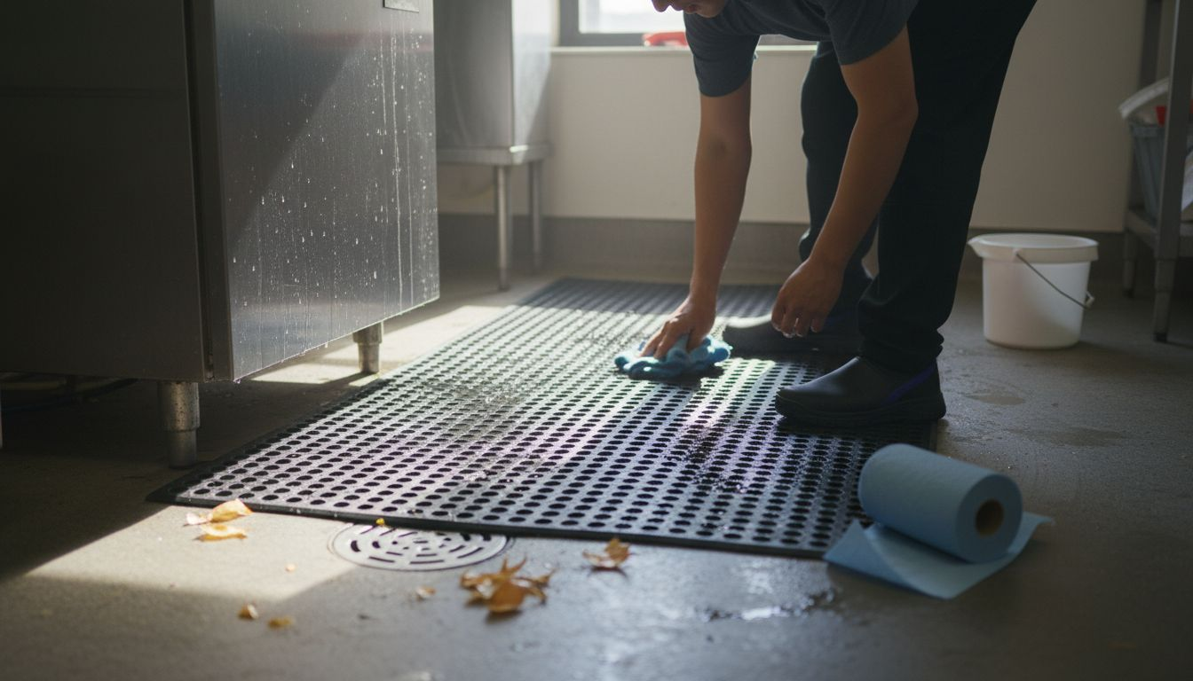 Staff cleaning textured rubber kitchen mat