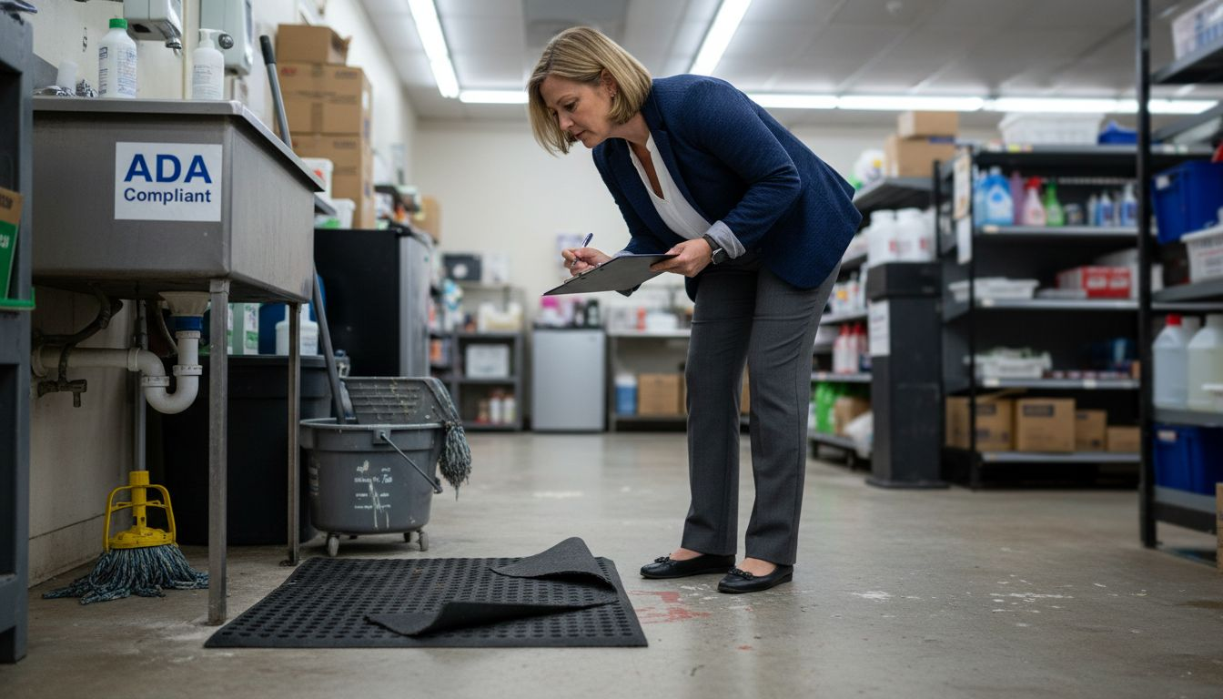 Officer inspects mat near workplace sink