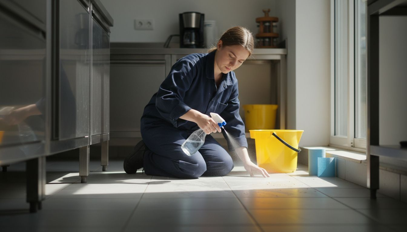 Worker cleaning kitchen floor before mat